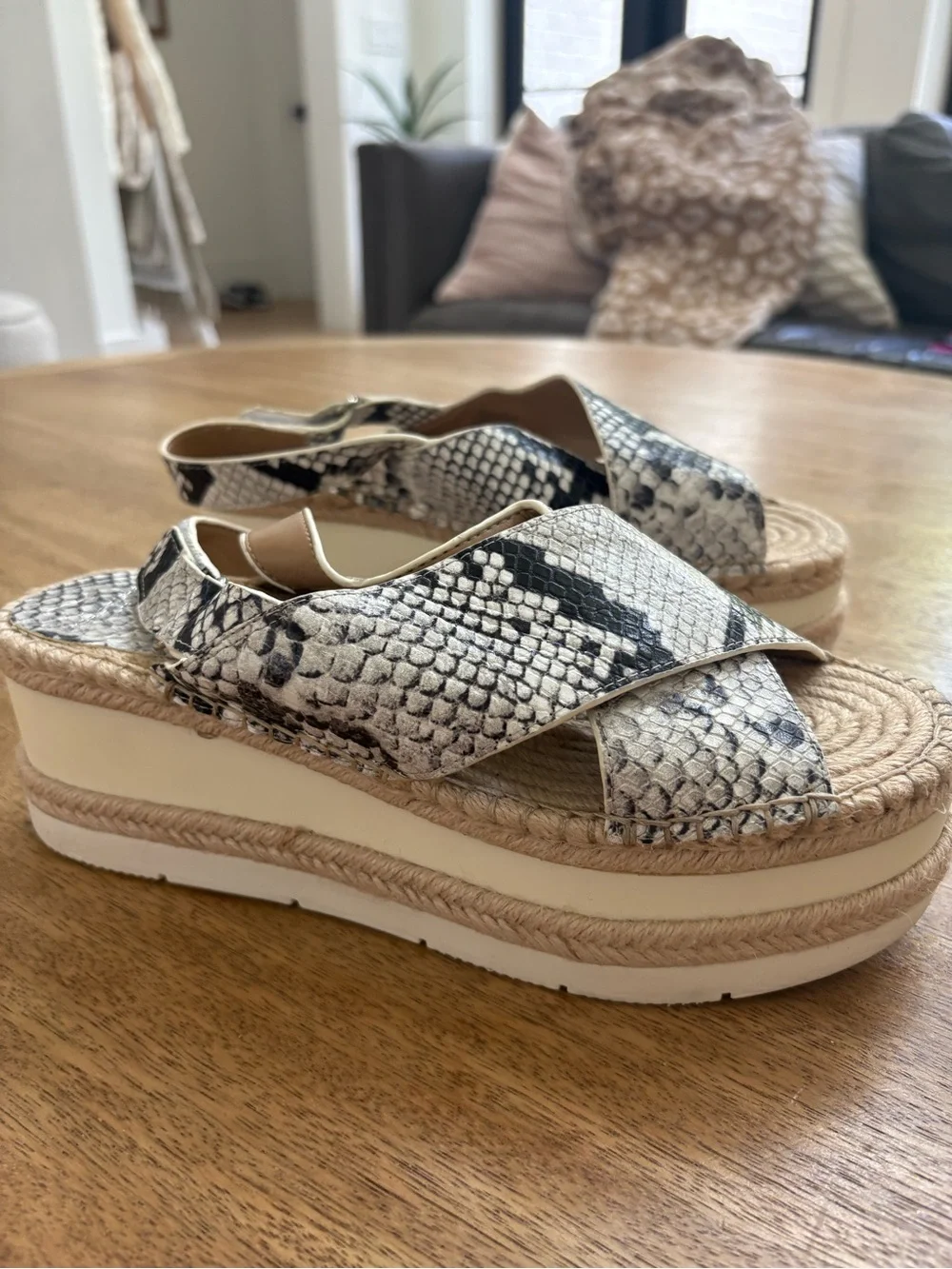 Marc Fisher Snake-Print Platform Espadrille Sandals in Black and White